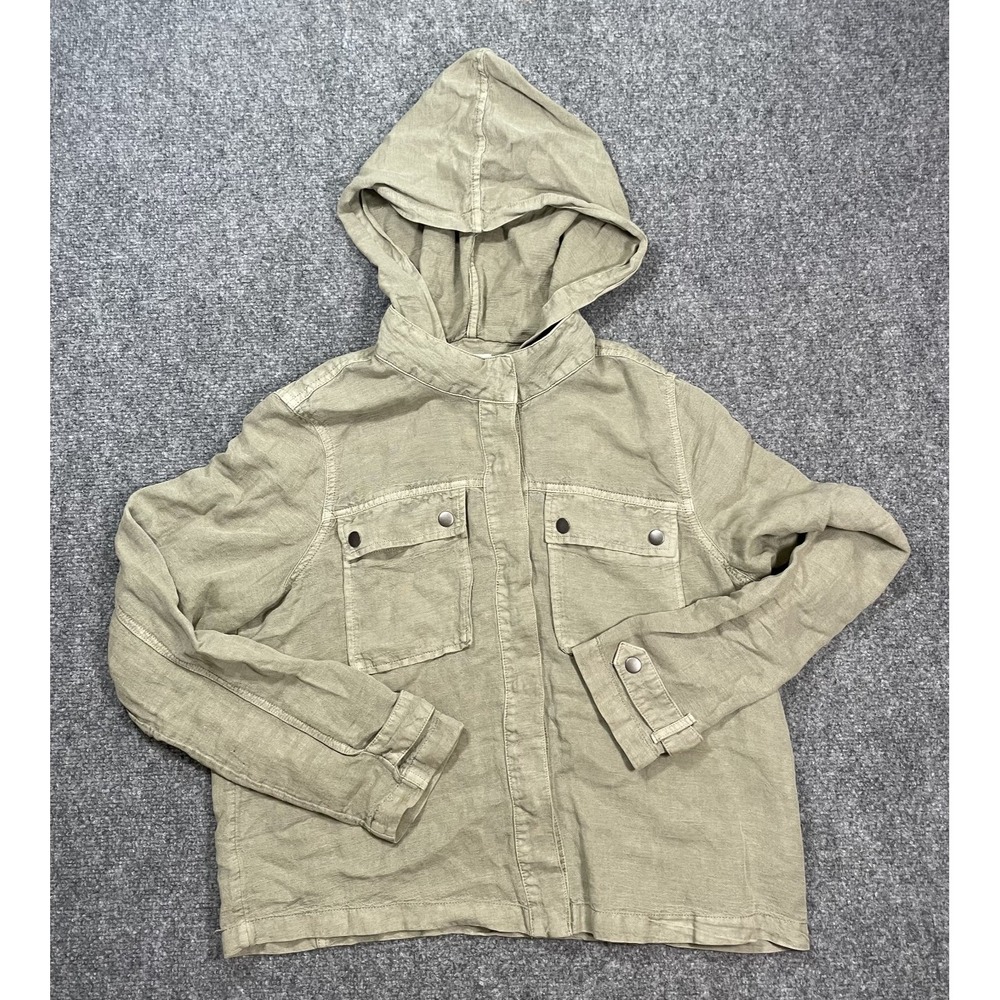 Nicole Miller Lightweight Linen Jacket Women's Large Olive Camp Shirt Snap Front